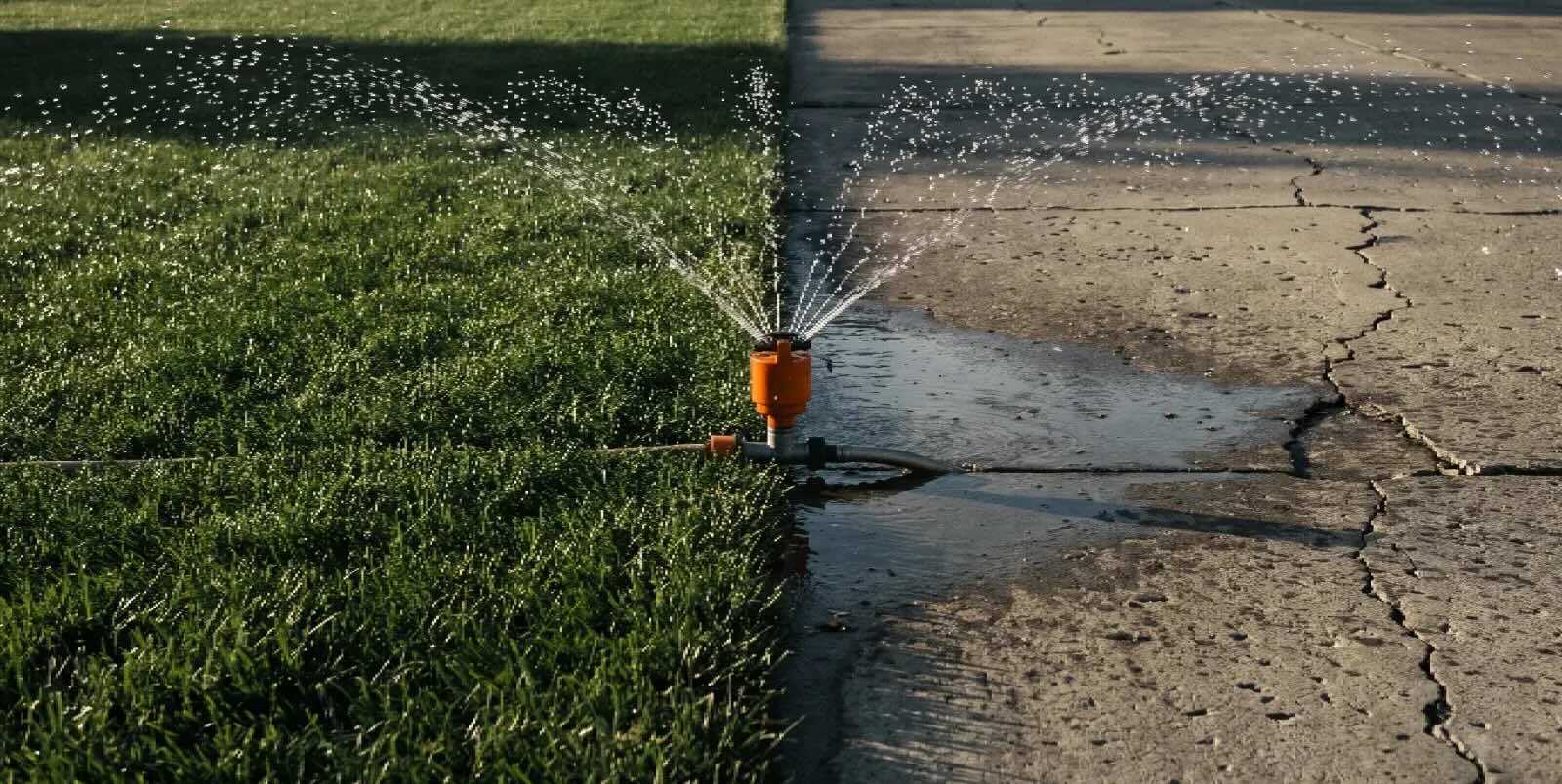 Un aspersor riega por igual el césped y el hormigón agrietado que hay al otro lado del borde